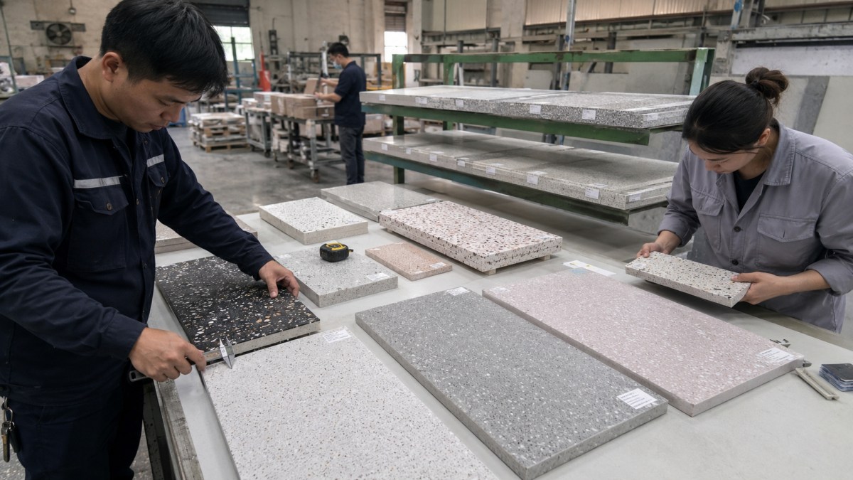 precast-terrazzo-factory-inspection Factory-made precast terrazzo pieces inspected before shipment