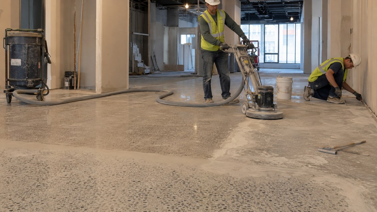 insitu-terrazzo-site-workflow In-situ terrazzo floor installation and grinding process on site