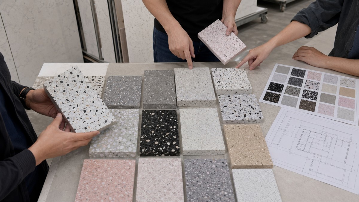 terrazzo-base-color-aggregate-sample-review Terrazzo base color and aggregate size sample review before project order