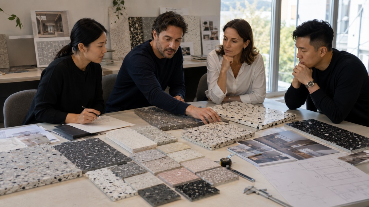 terrazzo-slab-vs-tile-project-review Project team comparing terrazzo slab and tile options for a commercial project