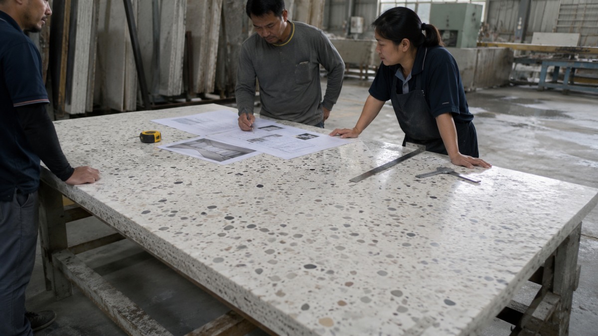 terrazzo-slab-factory-cutting-review Large terrazzo slab being reviewed for cut-to-size fabrication