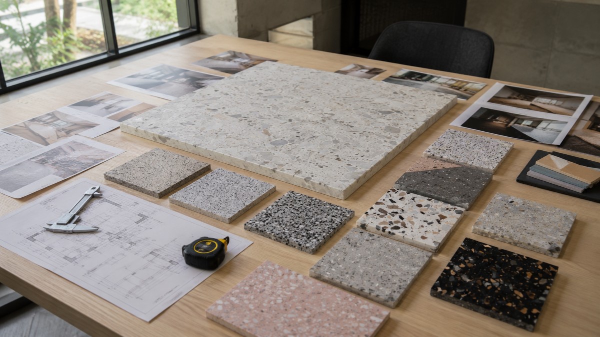 terrazzo-format-comparison-samples-drawings Terrazzo slab and tile samples reviewed with drawings and measuring tools