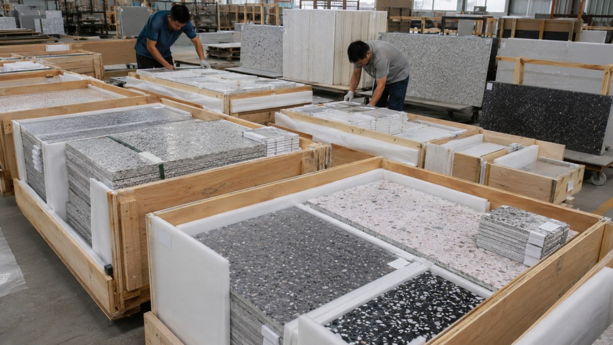 packed-terrazzo-tiles-and-slabs-for-export Terrazzo tiles and slab pieces packed for international shipment