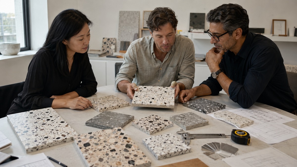 terrazzo-aggregate-size-density-review Project team reviewing terrazzo aggregate size and chip density samples