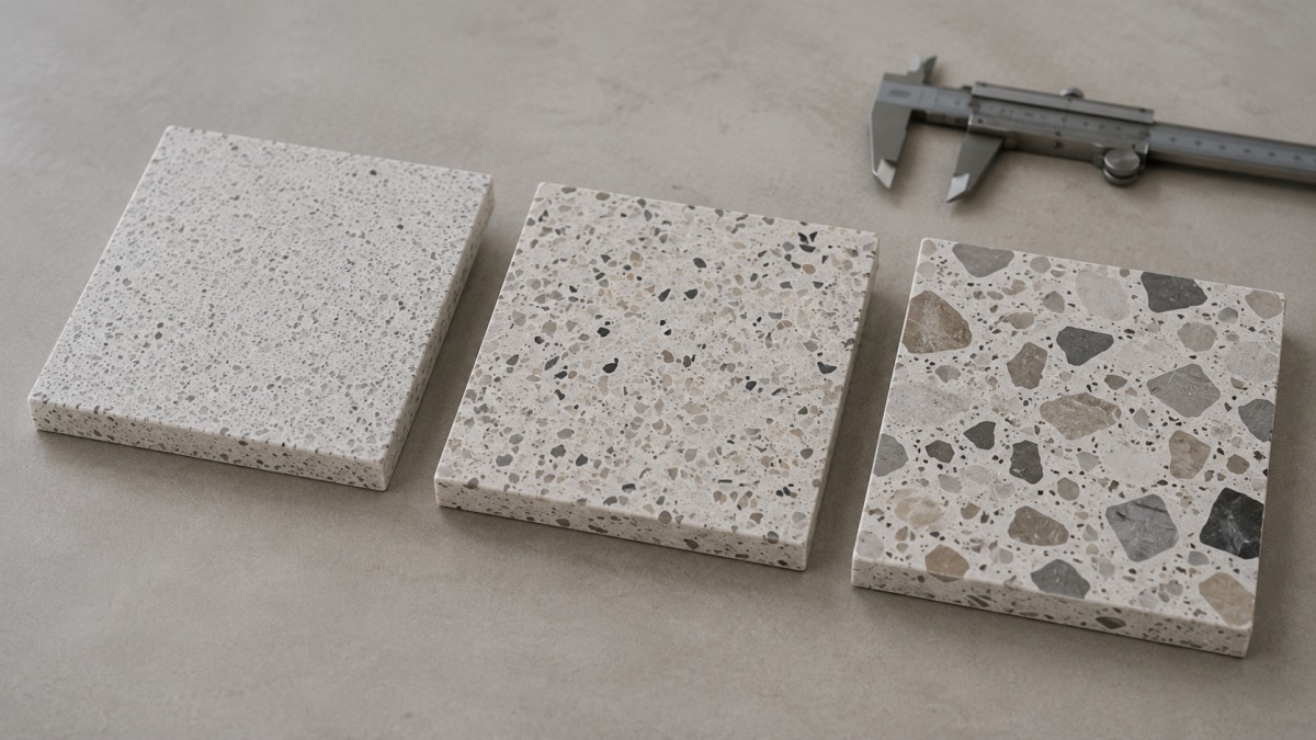 terrazzo-aggregate-size-comparison Small medium and large aggregate terrazzo samples compared on a table