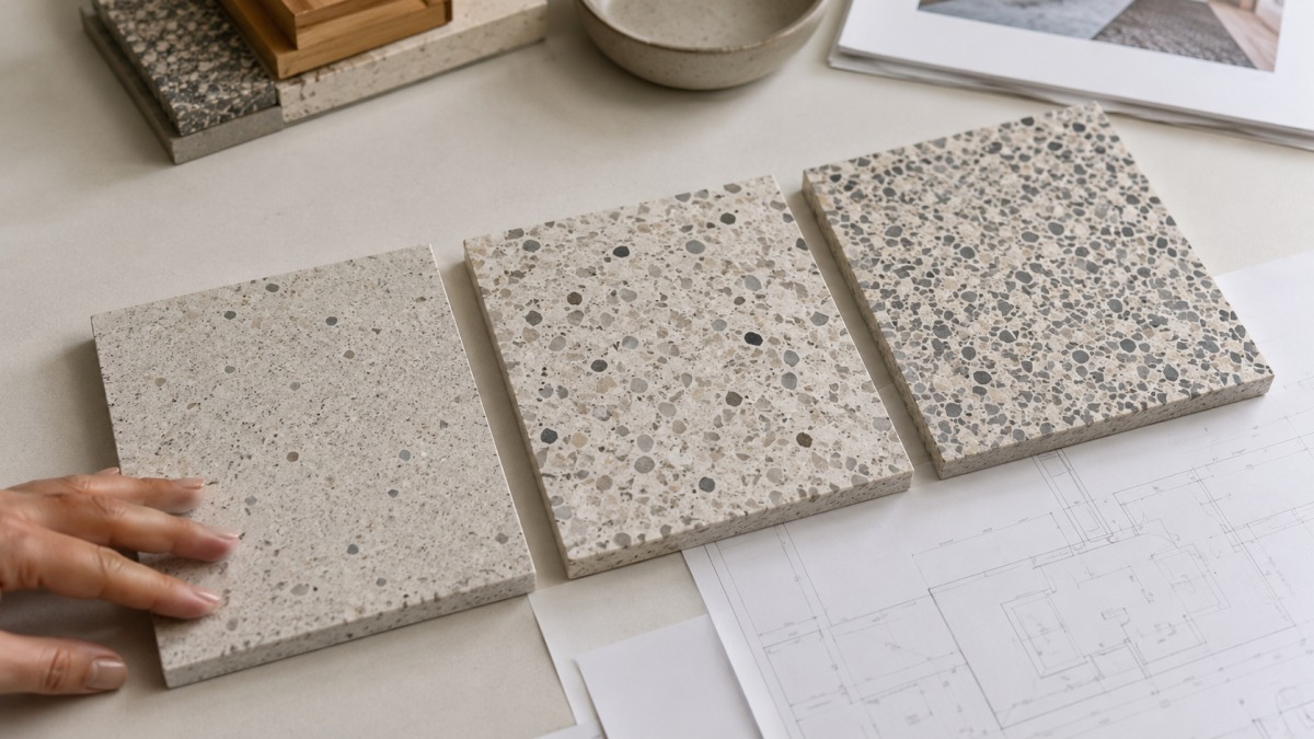 terrazzo-chip-density-comparison Low and high chip density terrazzo samples reviewed for design scale