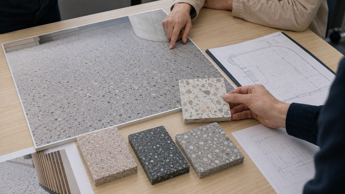 terrazzo-design-scale-full-area-review Terrazzo sample compared with larger slab photo for project approval