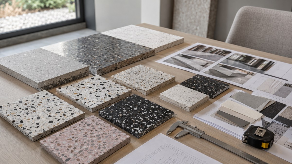 terrazzo-sample-approval-checklist Terrazzo sample approval checklist with drawings and measuring tools
