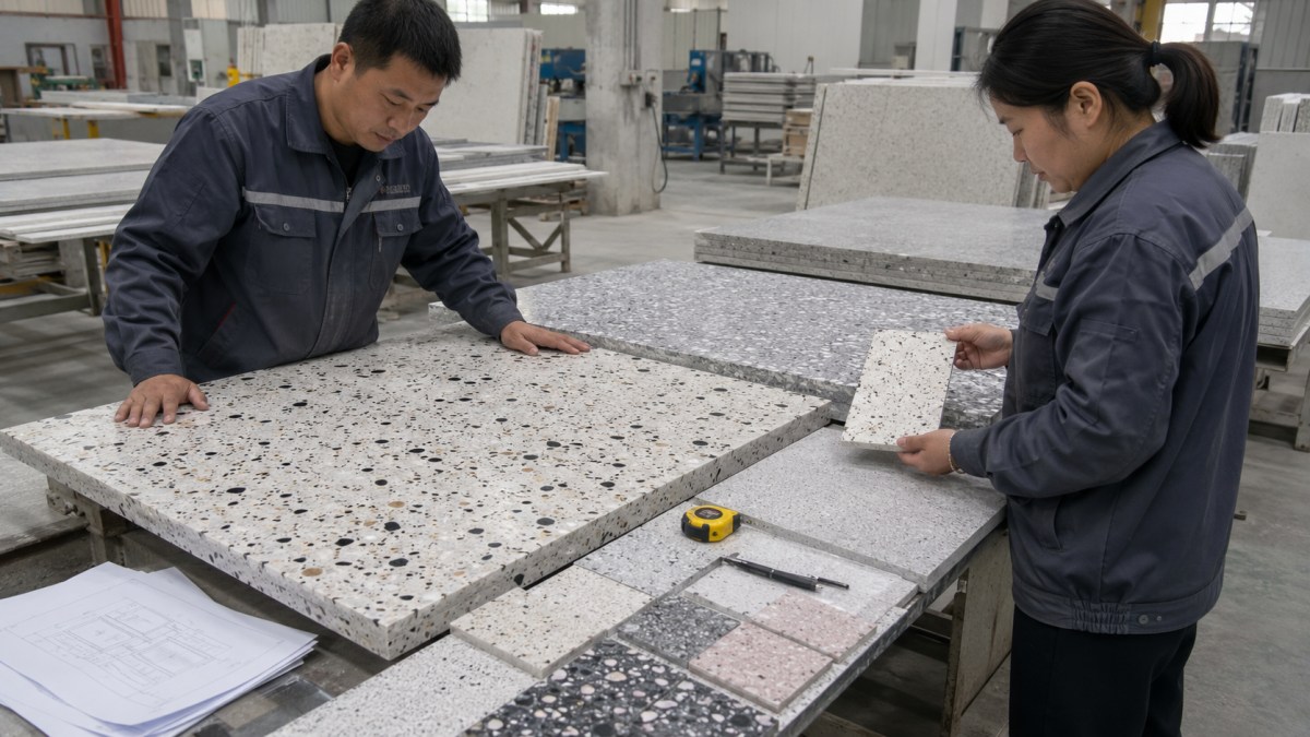 terrazzo-factory-sample-and-slab-inspection Terrazzo slabs and samples inspected before production confirmation