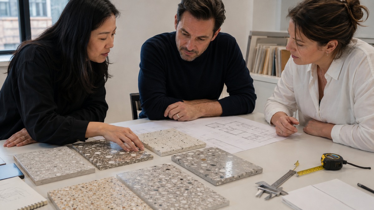honed-vs-polished-terrazzo-finish-review Project team reviewing honed and polished terrazzo finish samples before approval