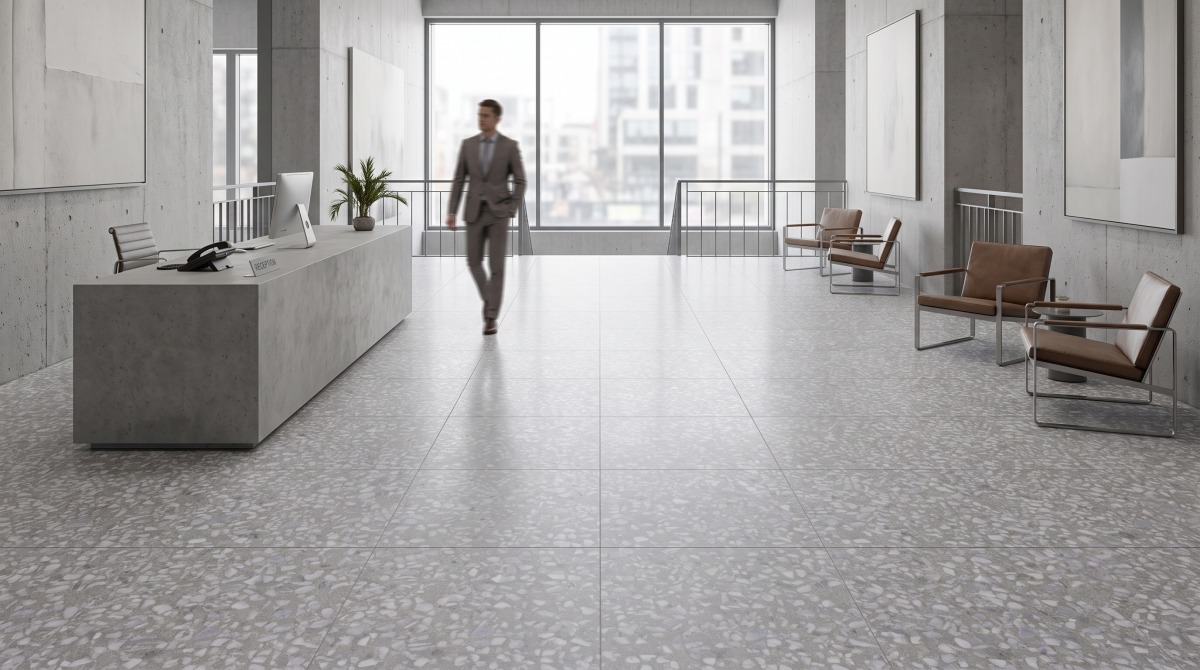 grey-terrazzo-flooring-modern-office-lobby Grey terrazzo floor tiles with white marble aggregates used in a modern office lobby application by Aoli Stone