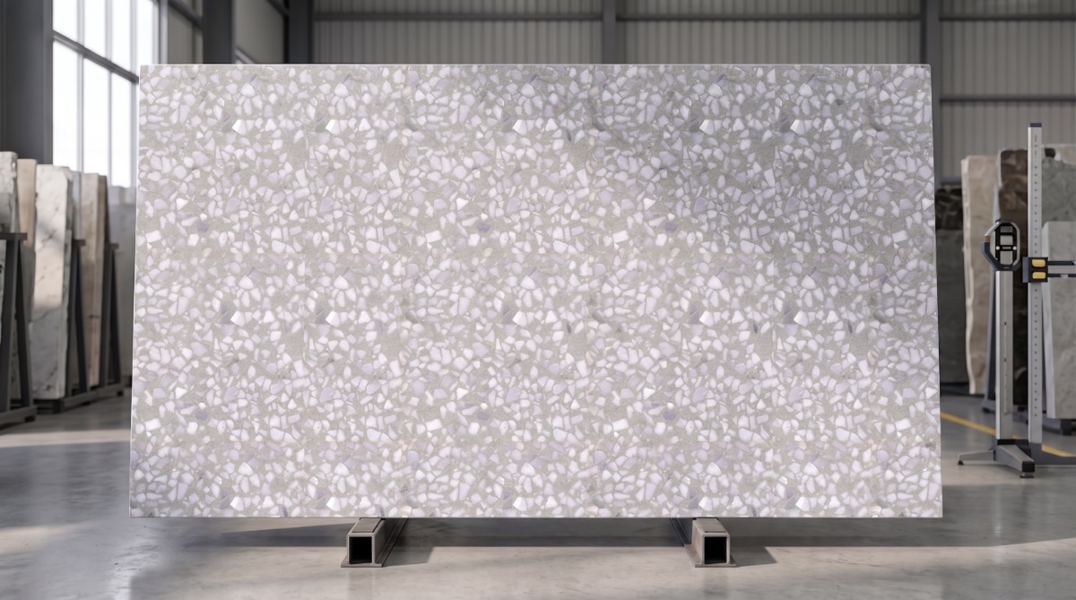 grey-white-aggregate-terrazzo-slab-factory-display Full grey terrazzo slab with white marble aggregate chips displayed in a stone factory for material review.