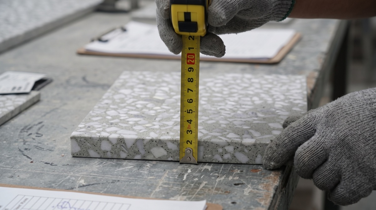 grey-terrazzo-sample-thickness-measurement Worker measuring the thickness of a grey terrazzo sample to check dimensional accuracy before approval.