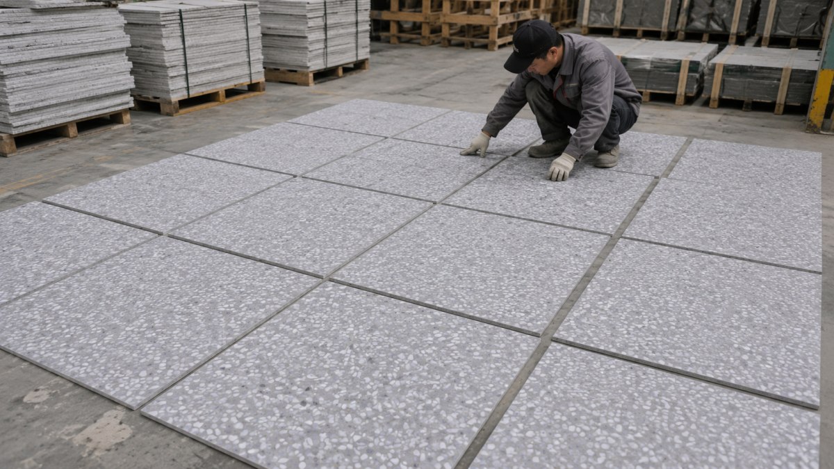 cut-to-size-grey-terrazzo-tiles-dry-lay-inspection Cut-to-size grey terrazzo tiles arranged for dry lay inspection before packing and project delivery.