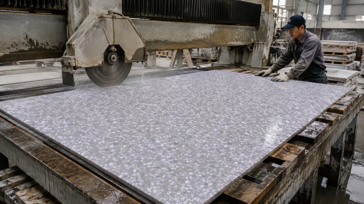 grey-terrazzo-slab-bridge-saw-cutting-factory Grey terrazzo slab being cut by bridge saw in the factory for custom size stone fabrication.