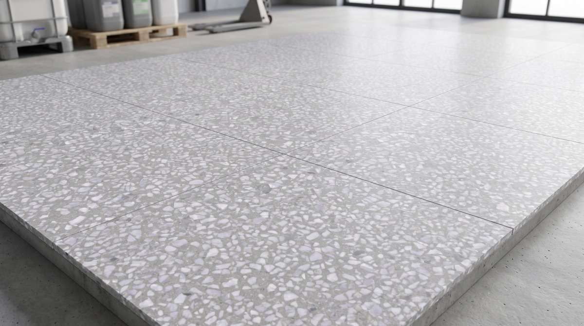large-format-grey-terrazzo-floor-tiles-edge-detail Large-format grey terrazzo floor tiles with visible edge thickness and joint layout for commercial interiors.