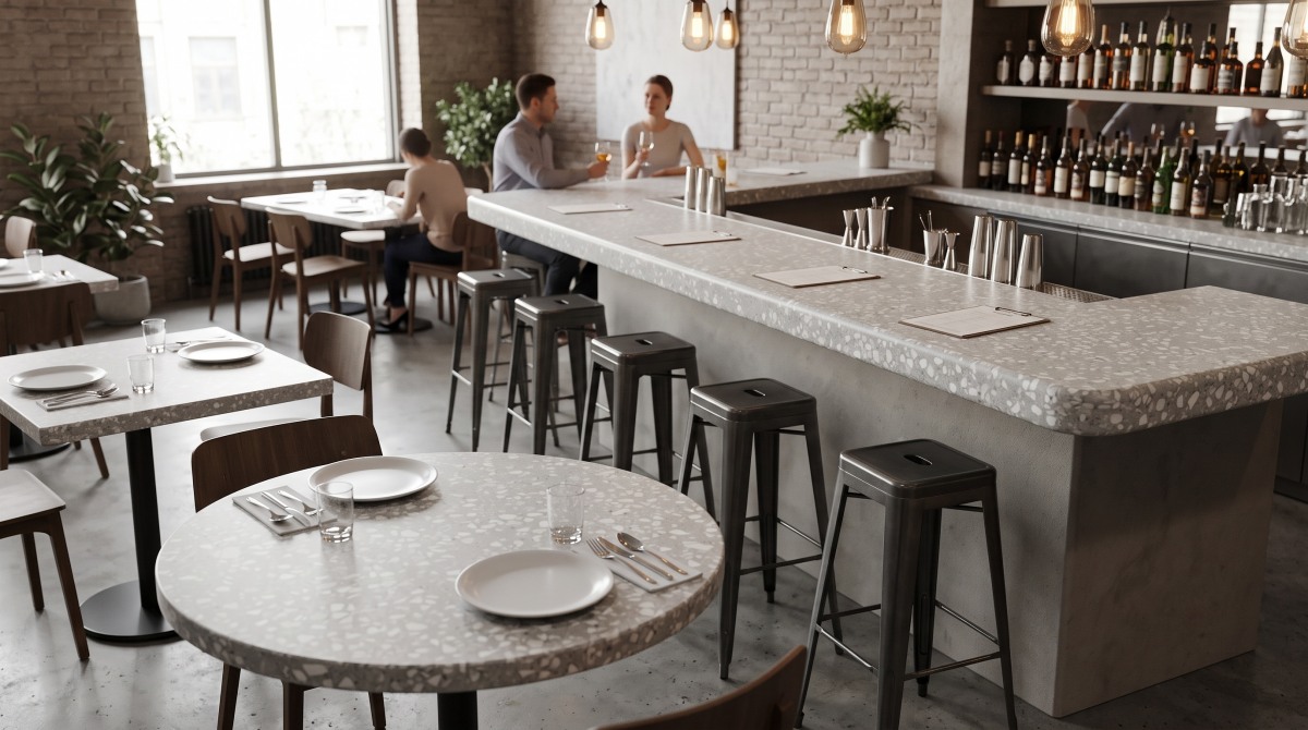 grey-terrazzo-restaurant-bar-countertop-tabletop Grey terrazzo used for restaurant bar countertop and table tops with white aggregate chips and durable surface.