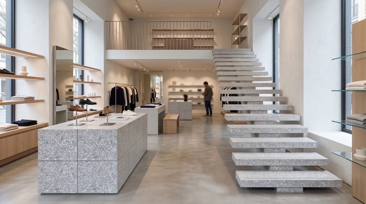 grey-terrazzo-retail-store-stair-treads-display-counter Grey terrazzo stair treads and retail display counters used in a modern boutique interior application.