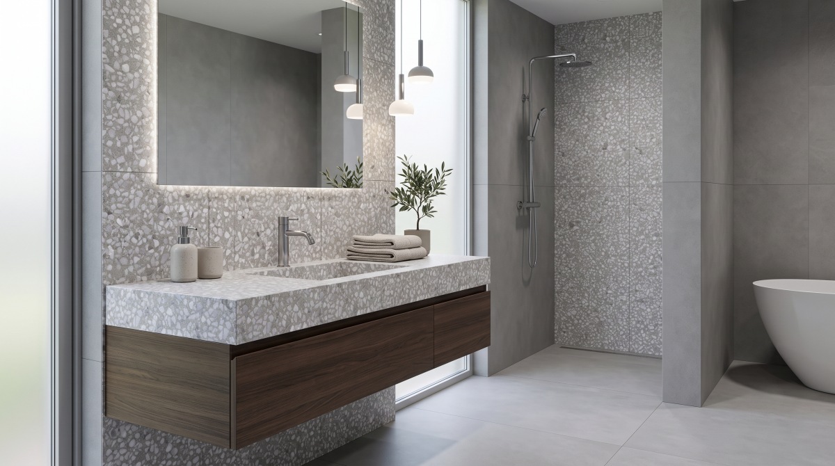 grey-terrazzo-bathroom-vanity-shower-wall-panels Grey terrazzo vanity top and shower wall panels used in a modern bathroom with neutral stone finishes.