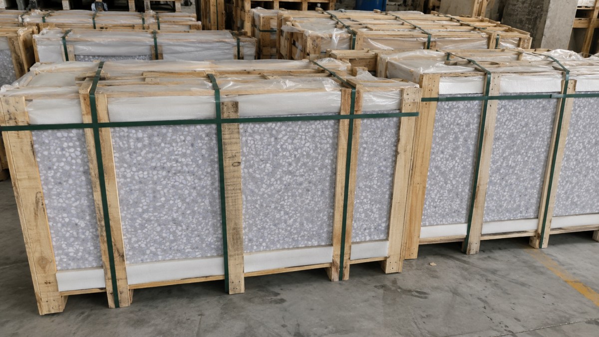 grey-terrazzo-tiles-export-wooden-crate-packing Grey terrazzo tiles packed in wooden export crates with protective wrapping for international stone shipment.