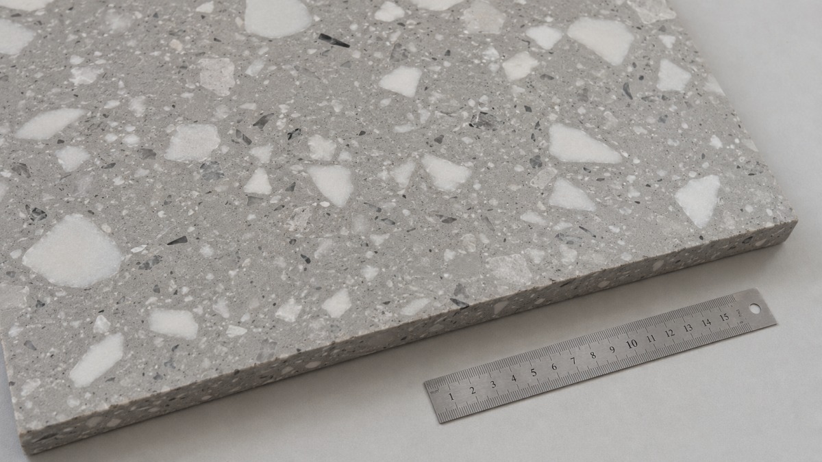 large-chip-terrazzo-sample-with-scale-reference Large chip terrazzo sample photographed with a scale reference
