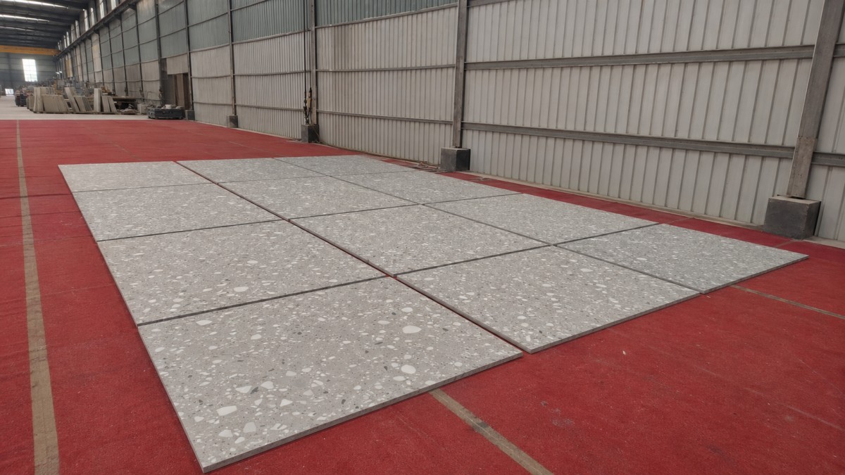 large-chip-terrazzo-full-tile-layout-review Full layout of large chip terrazzo tiles reviewed from standing distance