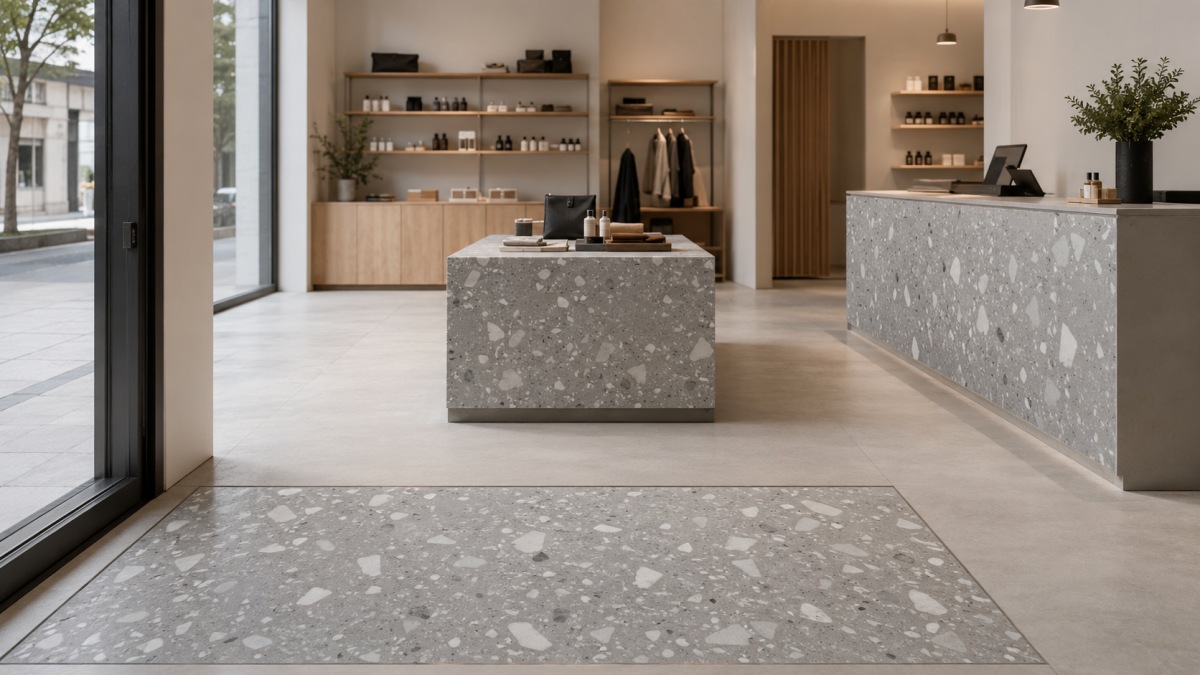 retail-store-large-chip-terrazzo-feature-zone Retail store concept using large chip terrazzo in a selected feature zone