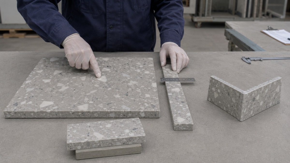large-chip-terrazzo-cut-edge-and-narrow-piece-review Large chip terrazzo cut edge and narrow finished piece under factory review