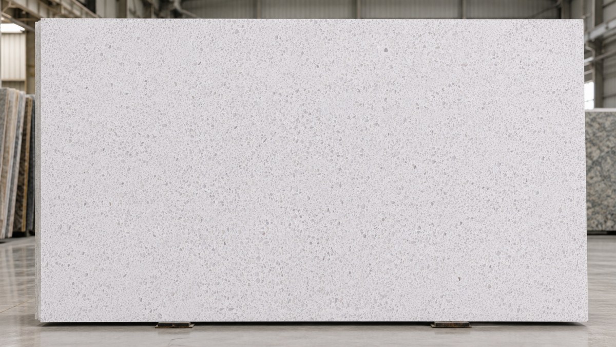 terrazzo-oriental-white-full-slab Full slab layout of Oriental White Terrazzo showing low contrast white and pale grey chip distribution