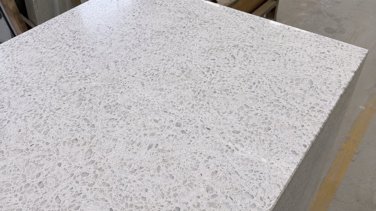 terrazzo-oriental-white-surface-finish-angle Oriental White Terrazzo surface finish under angled natural light