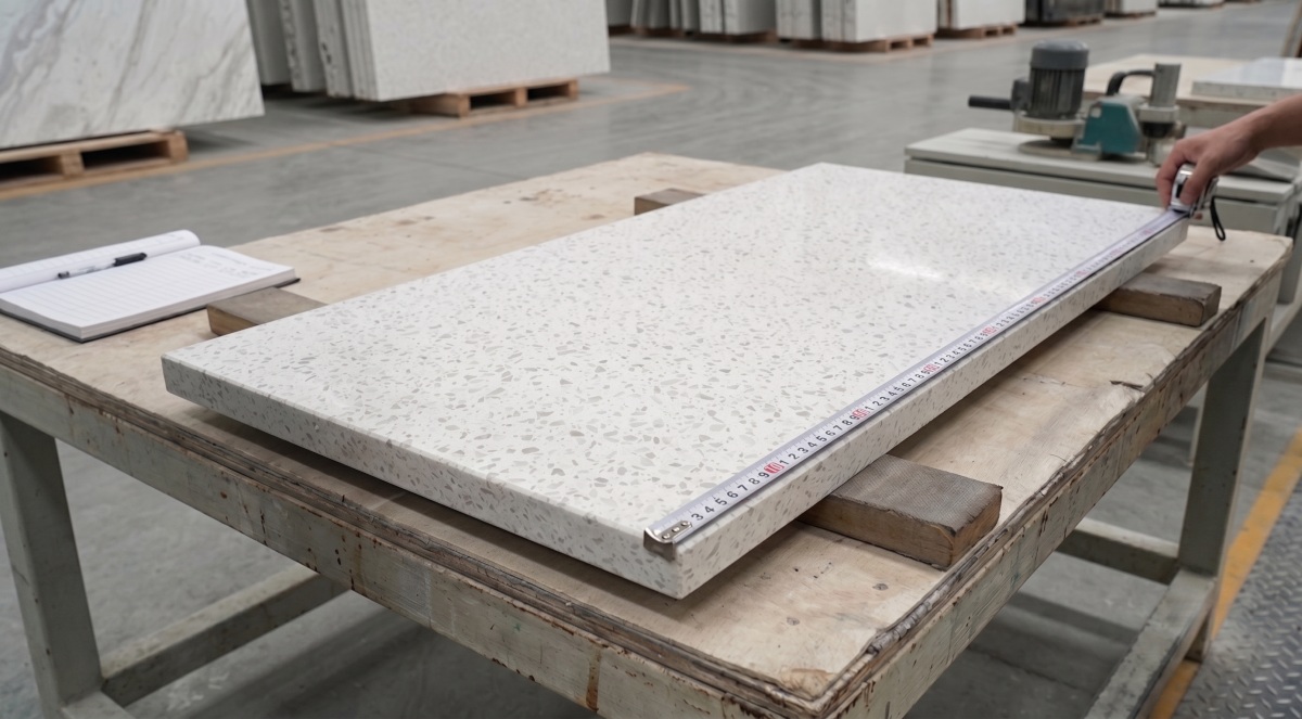 terrazzo-oriental-white-thickness-and-size-check Thickness and size checking of Oriental White Terrazzo before project processing