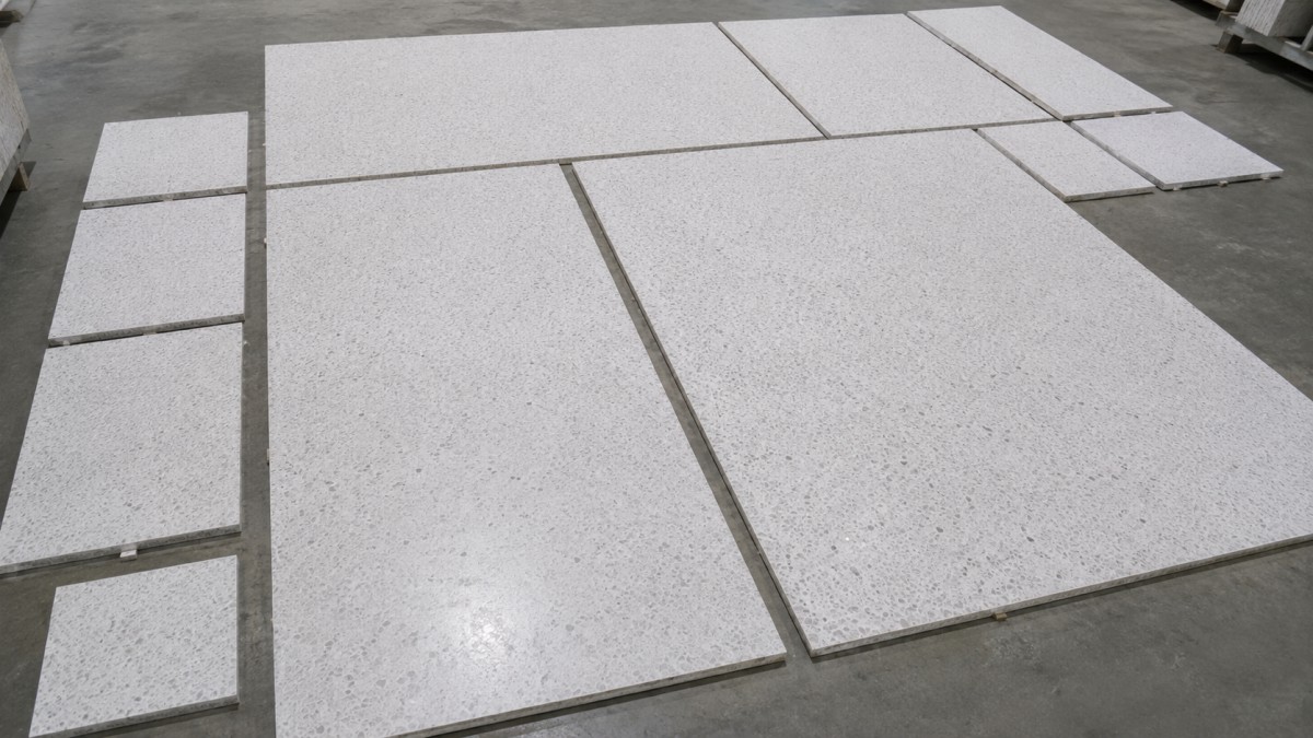 terrazzo-oriental-white-dry-lay-inspection Dry lay inspection for Oriental White Terrazzo cut-to-size project order