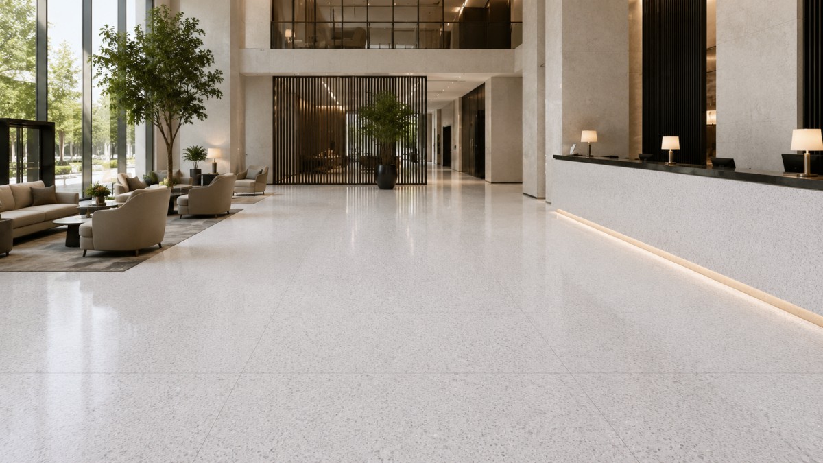terrazzo-oriental-white-hotel-lobby-floor Oriental White Terrazzo floor application for a hotel lobby interior