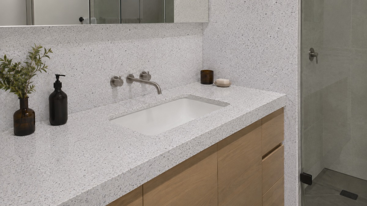 terrazzo-oriental-white-bathroom-vanity Oriental White Terrazzo vanity top and bathroom wall cladding application