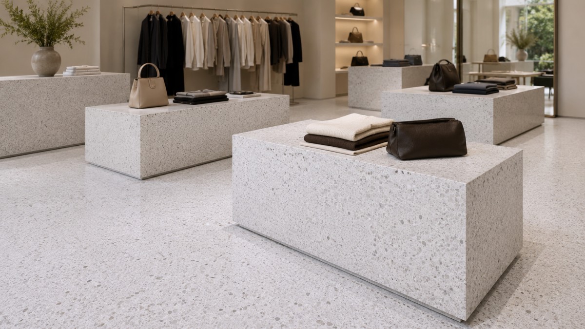 terrazzo-oriental-white-retail-display-plinth Oriental White Terrazzo display plinth and retail floor application