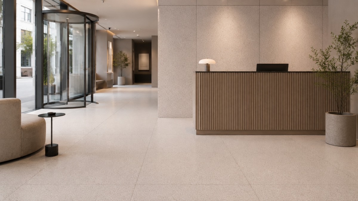 Fine-aggregate terrazzo used across a commercial floor and coordinated wall panels