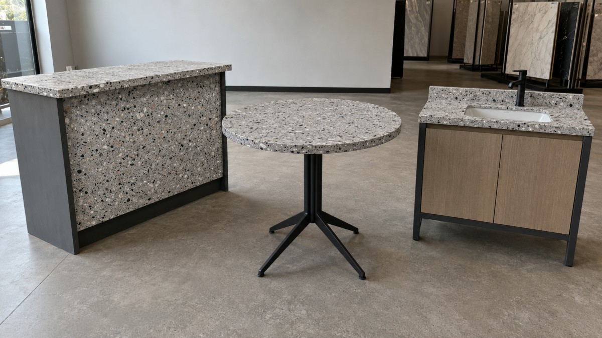 terrazzo-countertop-tabletop-vanity-top-comparison Terrazzo countertop, tabletop and vanity-top prototypes reviewed for a custom interior project