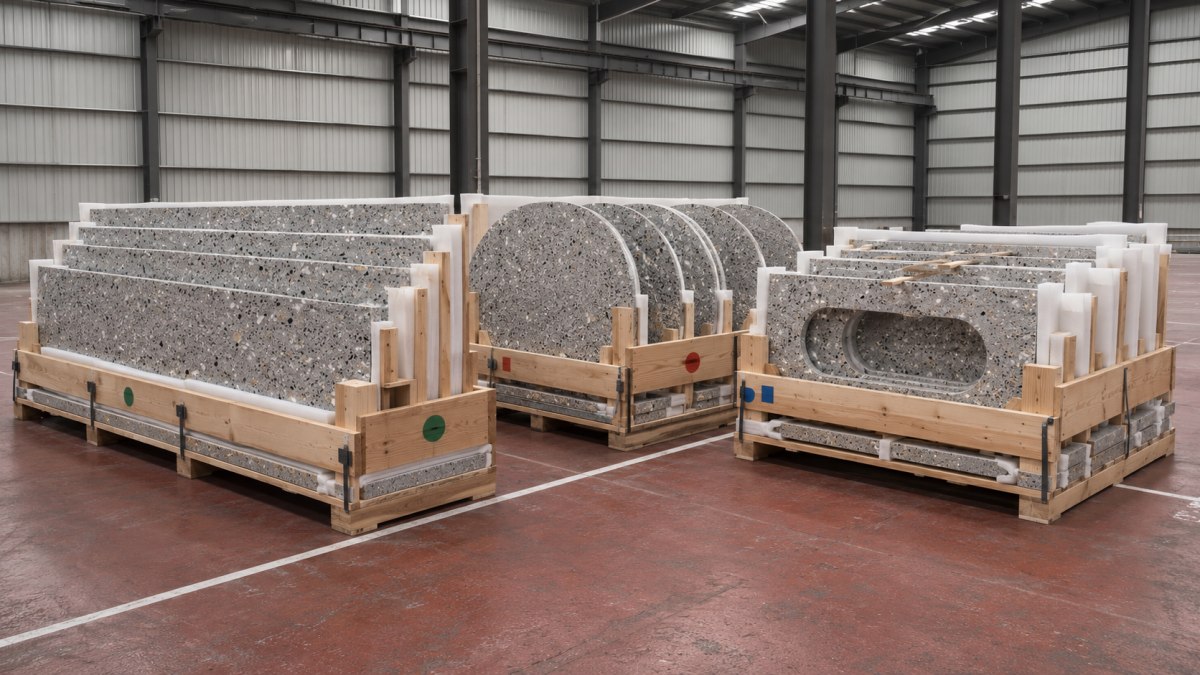 custom-terrazzo-tops-export-packing-sequence Counter, tabletop and vanity-top pieces organized for protected export packing