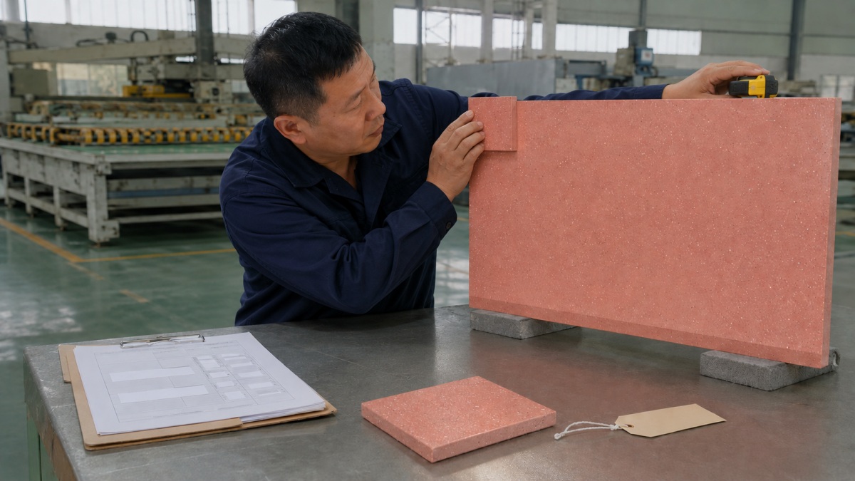 terrazzo-sample-order-reference-check Technician matching an approved terrazzo sample with the current order documents