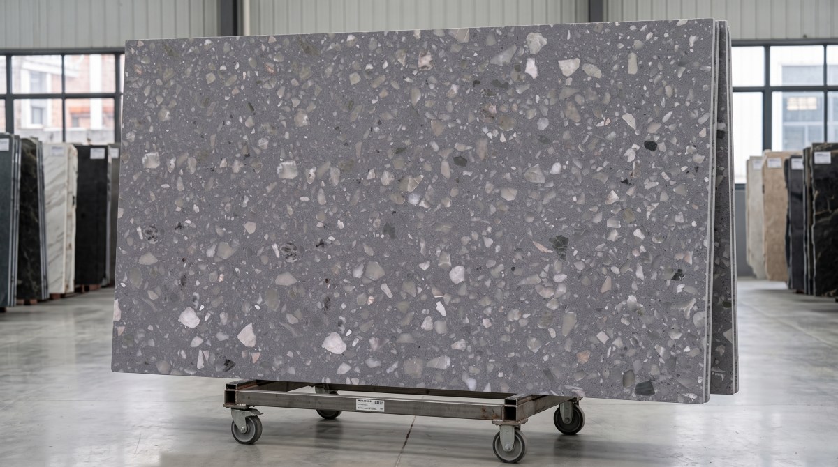 anna-grey-terrazzo-full-slab Full slab of Anna Grey terrazzo showing medium-grey mixed-chip distribution