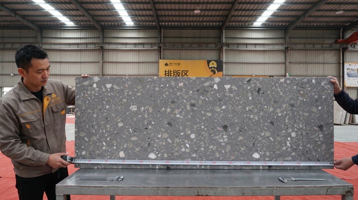 anna-grey-terrazzo-thickness-size-check Thickness and size inspection of Anna Grey terrazzo before fabrication