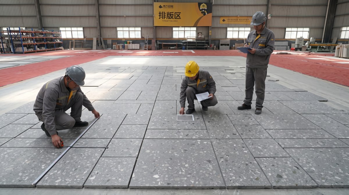 anna-grey-terrazzo-dry-lay-inspection Dry lay inspection of Anna Grey terrazzo cut-to-size pieces before packing
