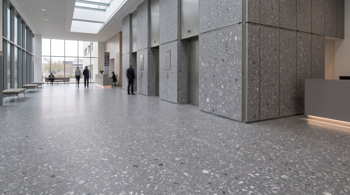 anna-grey-terrazzo-lobby-floor-wall-application Anna Grey terrazzo floor and wall panel application concept for a commercial lobby