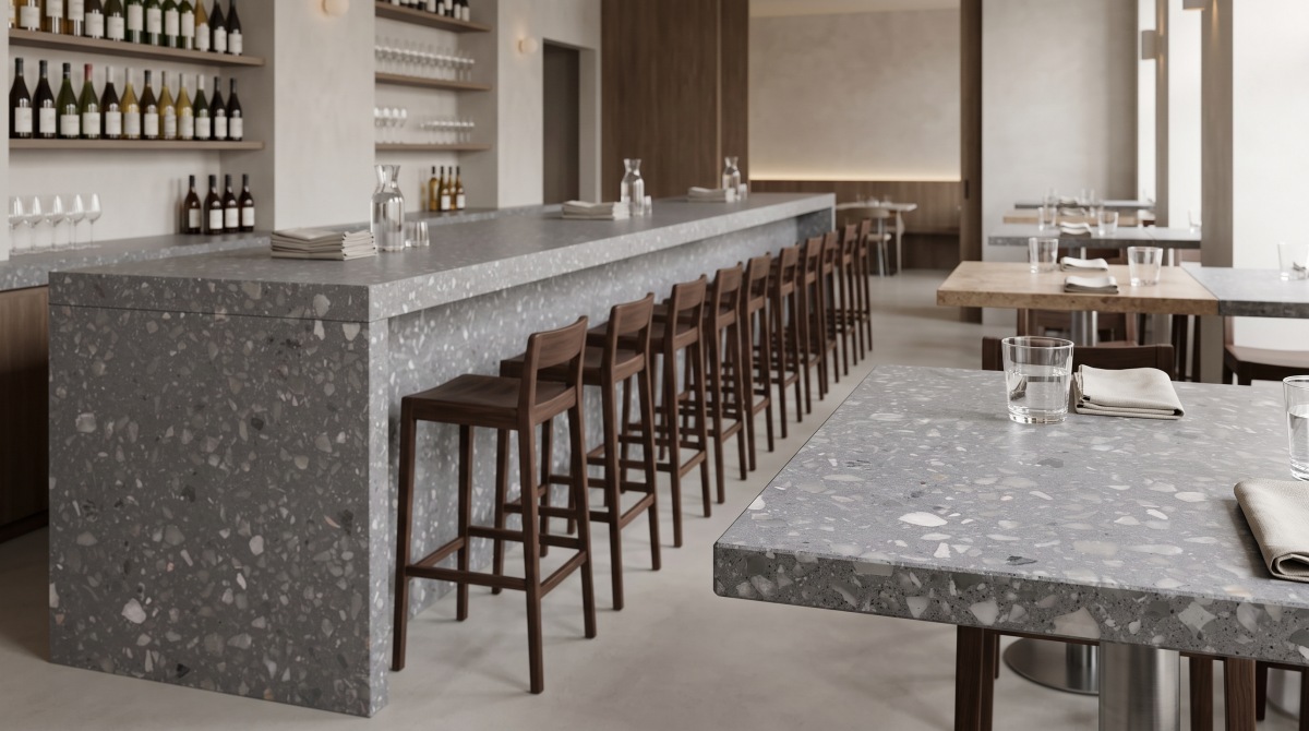 anna-grey-terrazzo-restaurant-counter-tabletop Anna Grey terrazzo bar counter and tabletop application concept