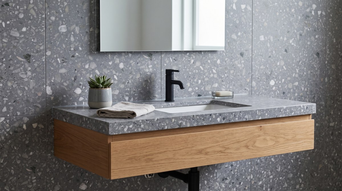 anna-grey-terrazzo-vanity-wall-application Anna Grey terrazzo vanity top and wall panel application concept