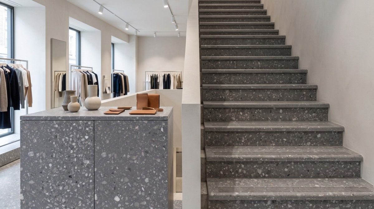 anna-grey-terrazzo-retail-stair-display Anna Grey terrazzo stair tread and retail display plinth application concept