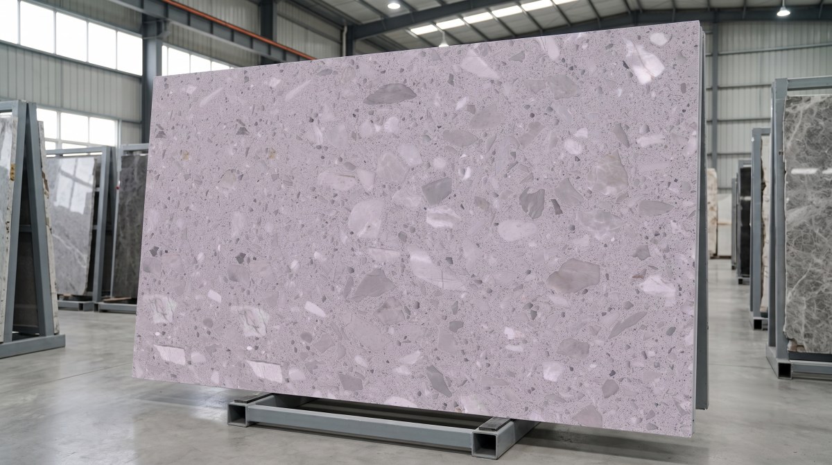 terrazzo-misty-grey-marble-full-slab Full slab or tile layout of Misty Grey Marble Terrazzo showing grey-white aggregate distribution
