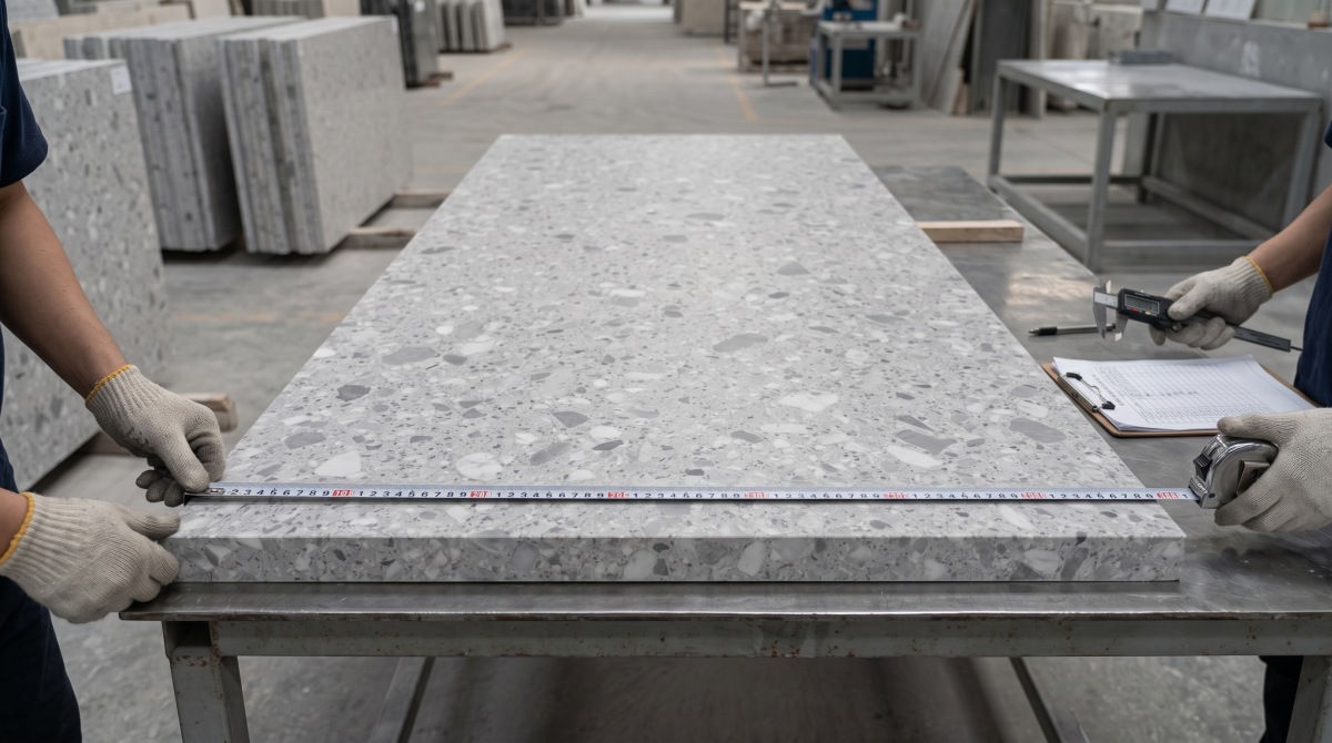 terrazzo-misty-grey-marble-thickness-and-size-check Thickness and size checking of Misty Grey Marble Terrazzo before project processing
