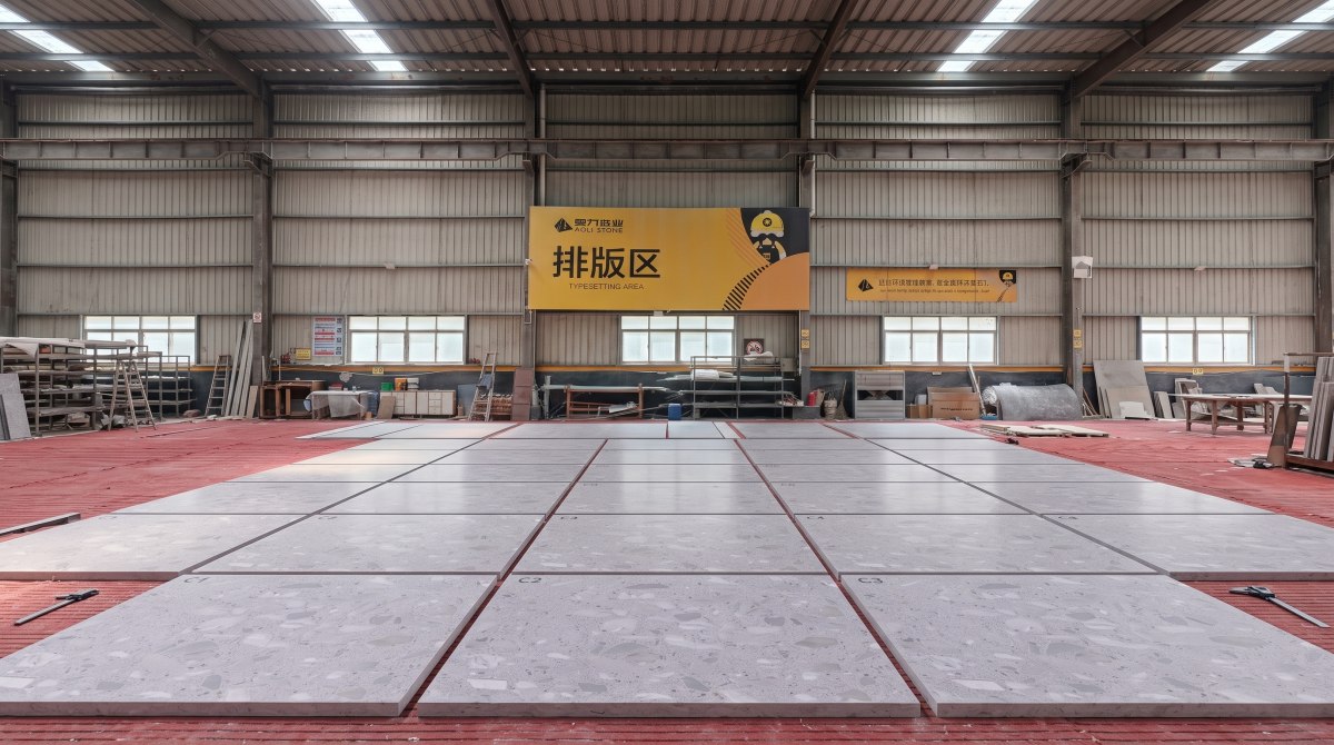 terrazzo-misty-grey-marble-dry-lay-inspection Dry lay inspection for Misty Grey Marble Terrazzo cut-to-size project order