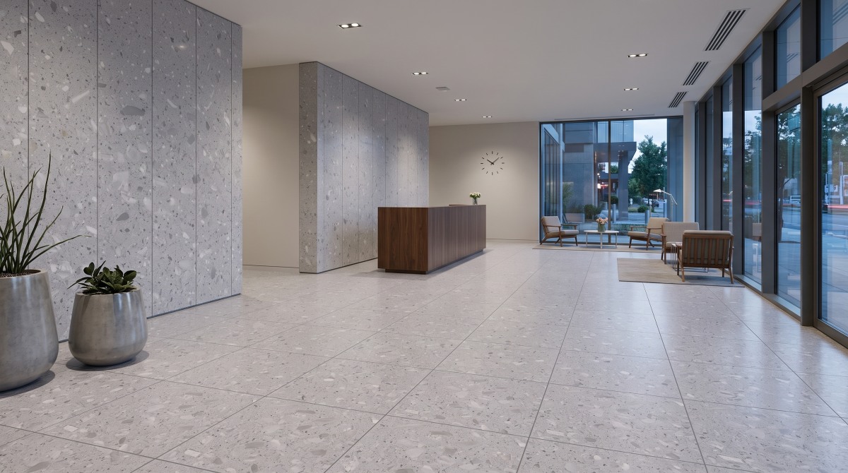 terrazzo-misty-grey-marble-hotel-lobby-floor-wall Misty Grey Marble Terrazzo floor and wall application for a hotel lobby interior